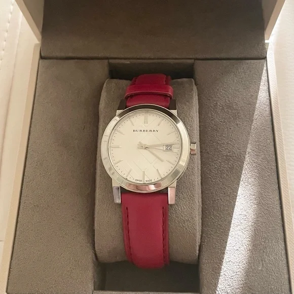 New Burberry BU9129 Silver Dial Red Leather Women's Watch